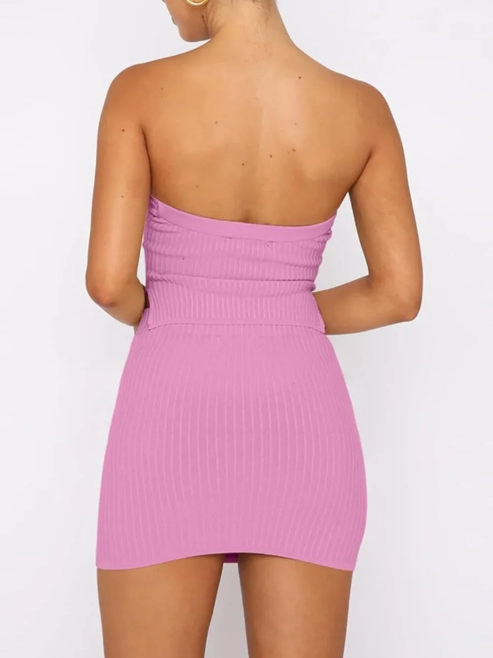 Women's Pink Viscose Strapless Crop Top With Skirt Mini Club Bodycon Dress